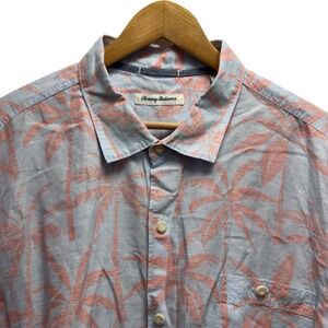 Tommy Bahama Men's XXL Blue/Pink Linen Palm Tree Hawaiian S/S Button Front Shirt